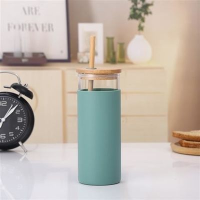 Nontoxic Silicone Water Bottle Transparent Glass With Silicone Straw Bamboo Lids