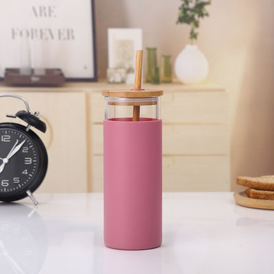 Nontoxic Silicone Water Bottle Transparent Glass With Silicone Straw Bamboo Lids