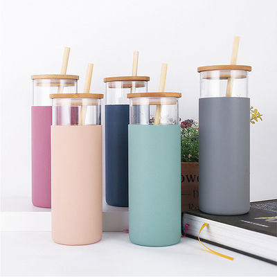 Nontoxic Silicone Water Bottle Transparent Glass With Silicone Straw Bamboo Lids