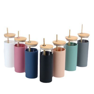 Nontoxic Silicone Water Bottle Transparent Glass With Silicone Straw Bamboo Lids
